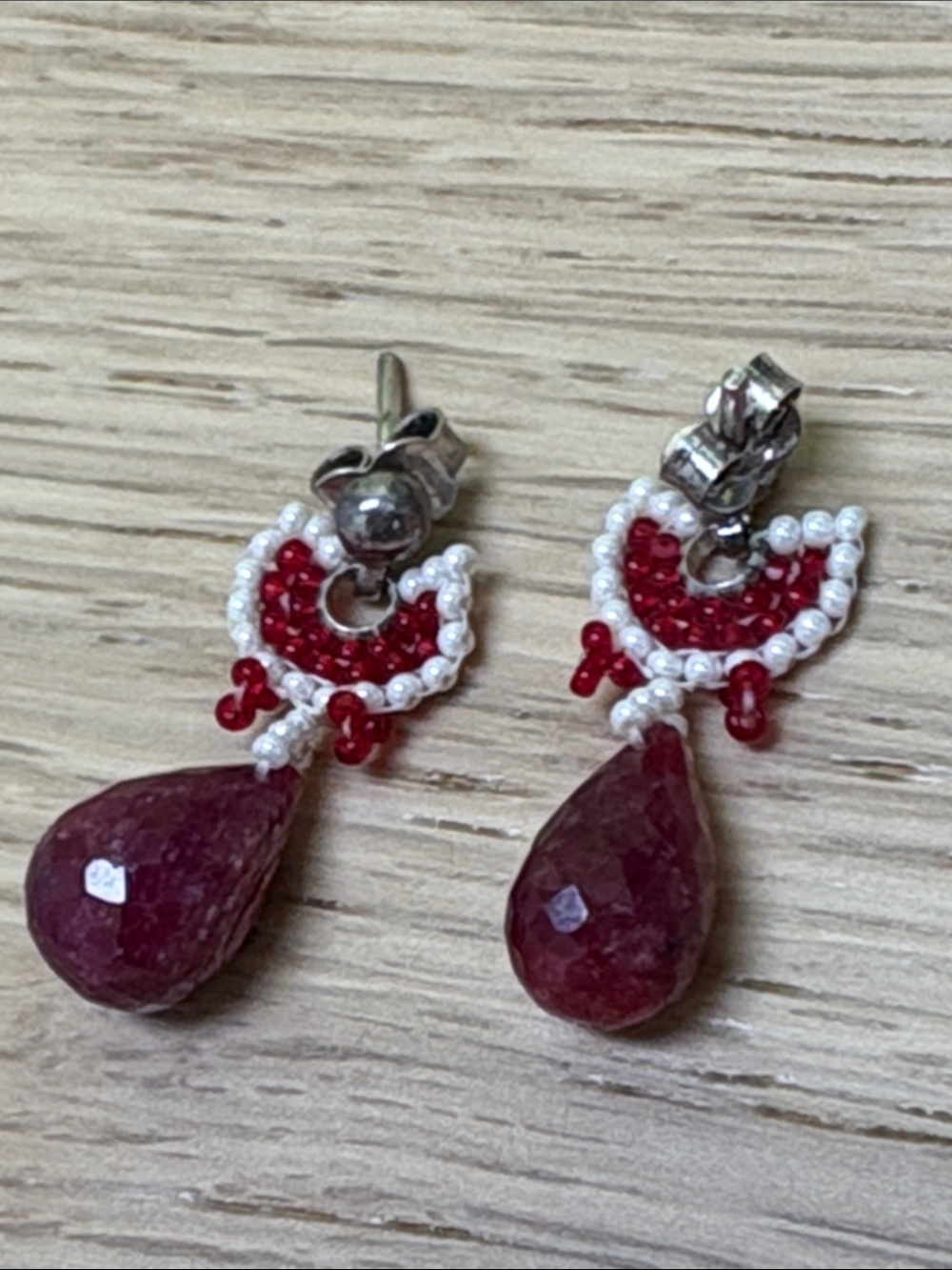 Handcrafted Ruby Drop Bead Earrings - Red and White